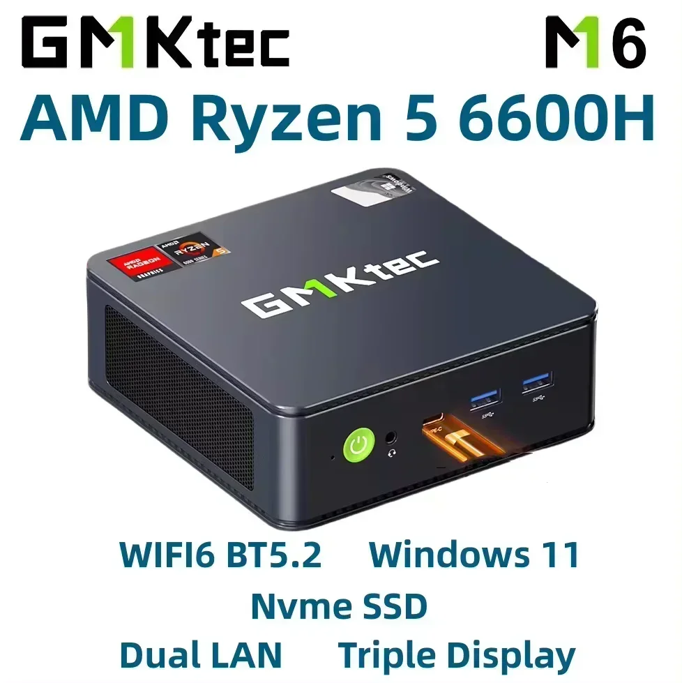 GMKtec M6 AMD Ryzen 5 6600H Gaming MINI PC WIFI6 BT5.2 Wins 11 DDR5 Nvme SSD  Dual LAN Triple Display Desktop Computer