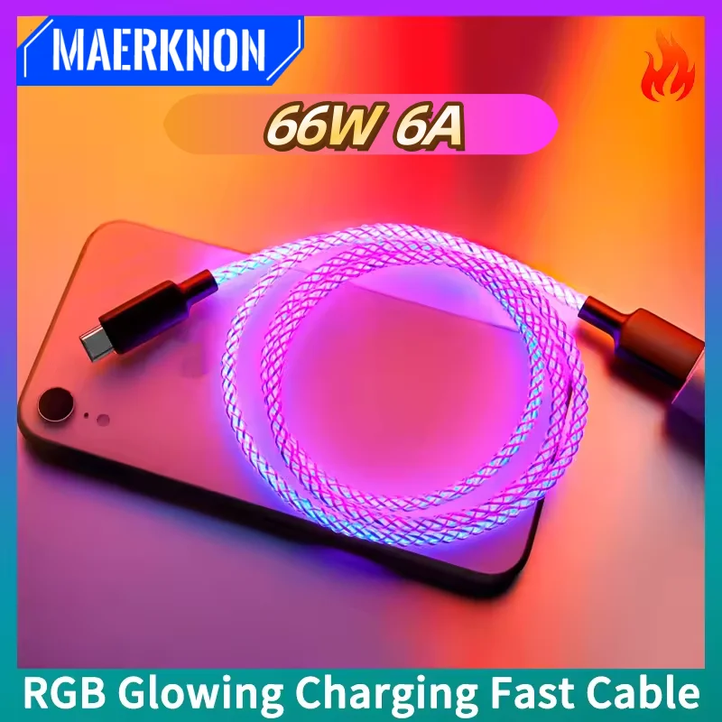 

66W TYPE-C Fast Charging Data Cable USB Gradient Light Quick Charge 3.0 Cord For iPhone 15 16 Pro Xiaomi Samsung Huawei 1M Wire