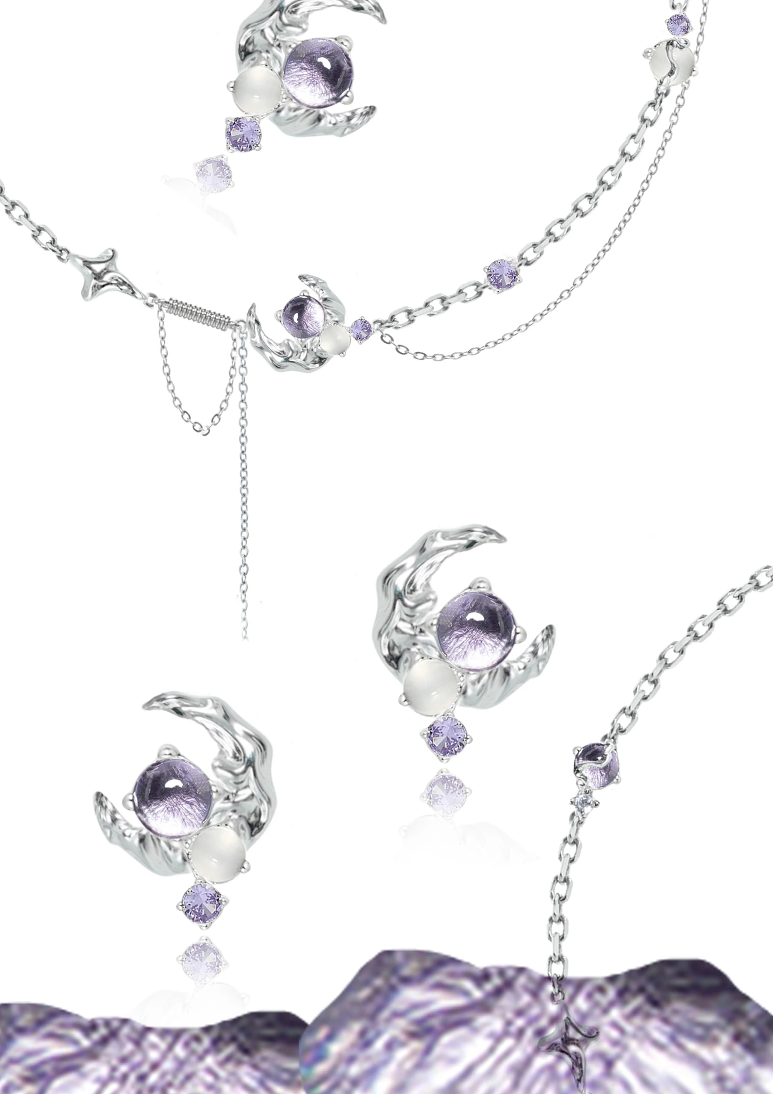 MASW Original Design Elegant Jewelry Senior Sense Purple Glass Thick Silver Plated Moon Pendant Necklace For Women Girl Gift