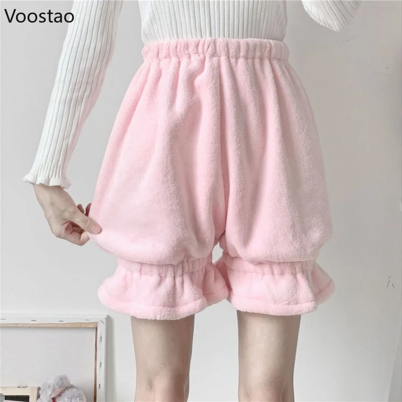 Autumn Winter Warm Lolita Safety Short Pants Women Sweet High Waist Pumpkin Shorts Girls Plush Home Clothes Kawaii JK Bloomers