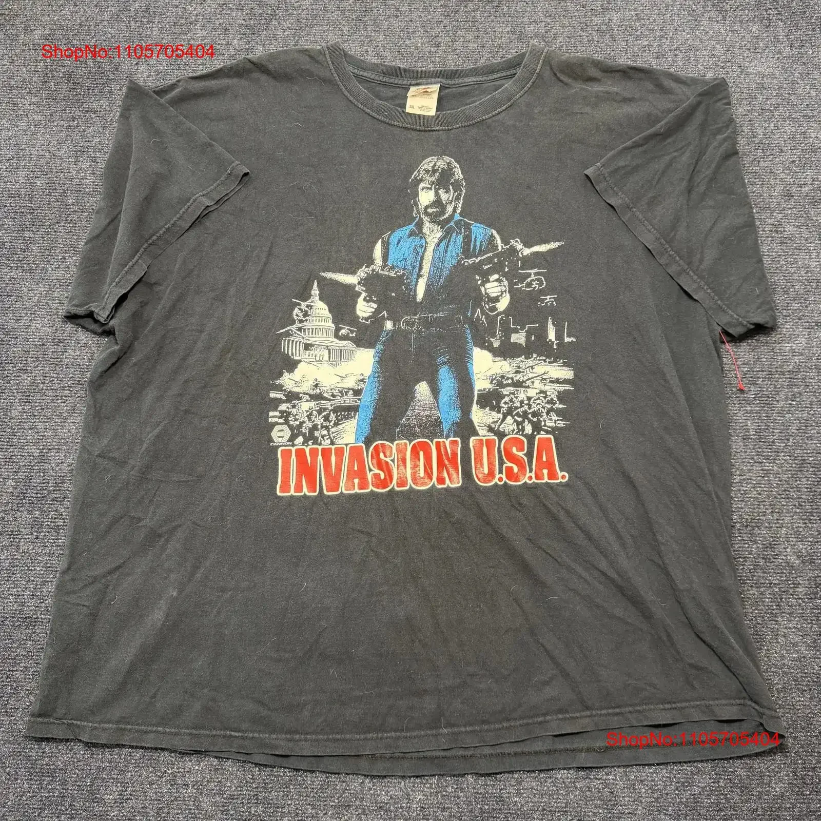 Invasion USA Fruit Of The Loom T Shirt Mens 3XL Black Chuck Norris Movie long or short sleeves vintage Washed Comfortable