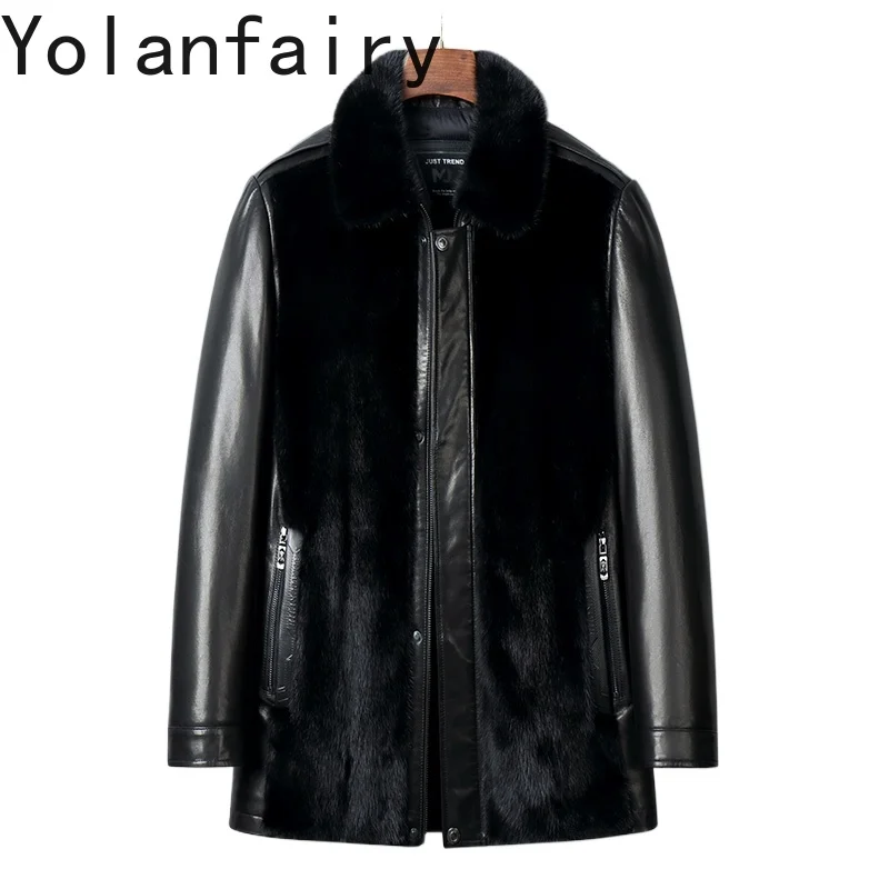 

YOLANFAIRY Real Goatskin Genuine Leather Down Jacket Men Winter Spliced Mink Fur Coat Man Real Leather Coat Mid-length Fur Coats
