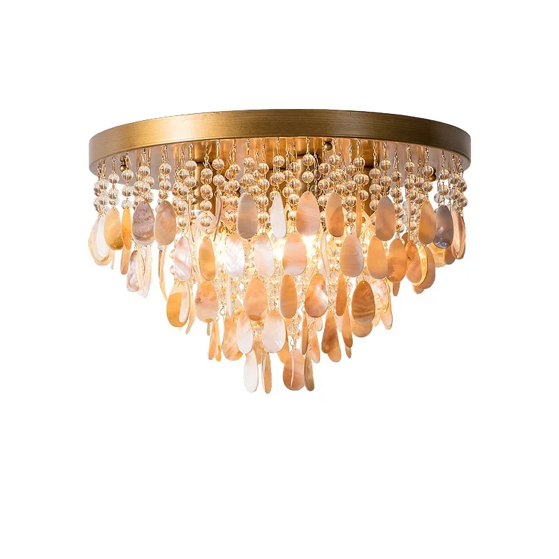 

French pastoral bedroom, crystal lamp round lamp, simple creative shell, retro home improvement ceiling lamp