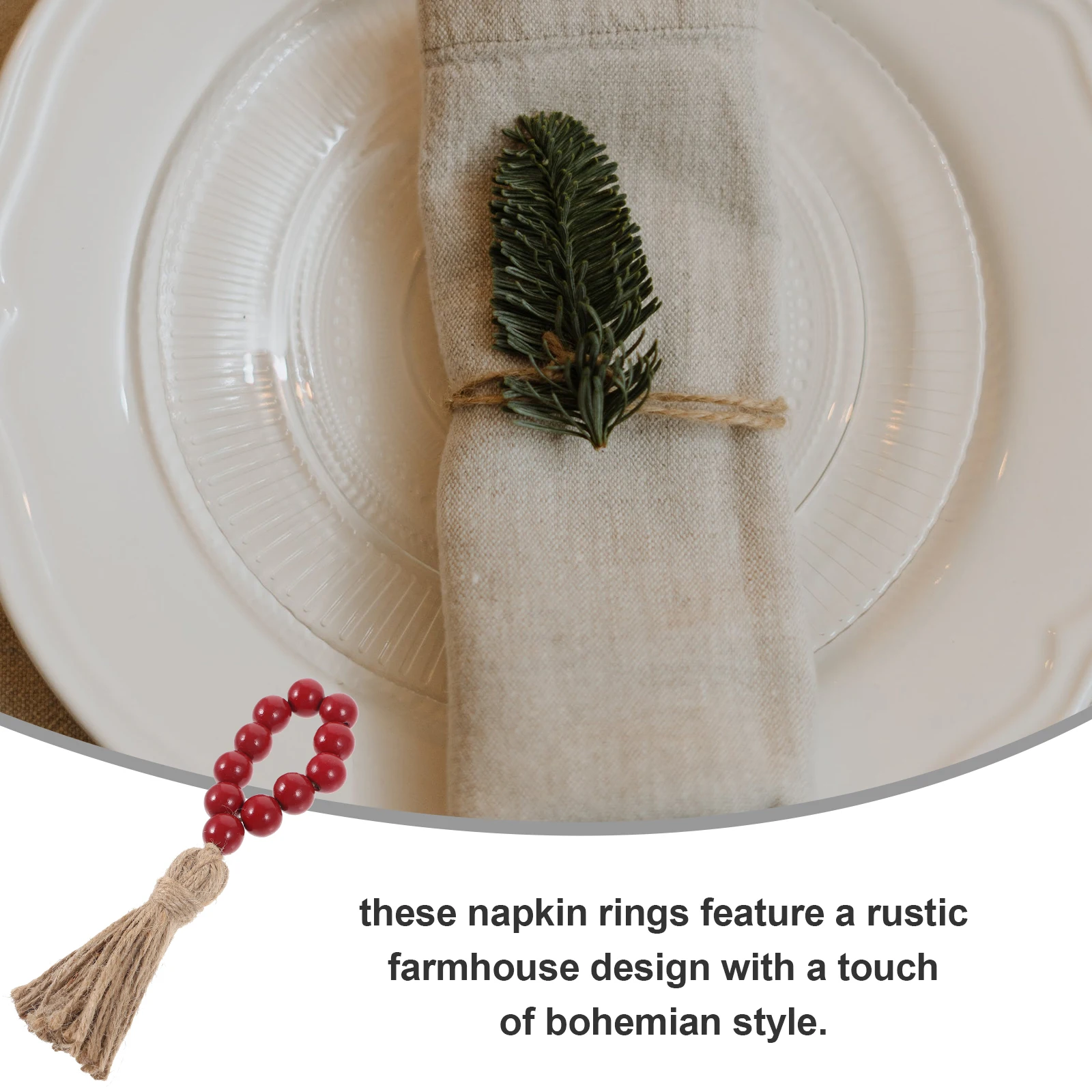 

6pcs Rustic Napkin Rings Wood Beads Napkin Holders Farmhouse Style Tassel Decor Wedding Party Serviette Rings Adjustable Size