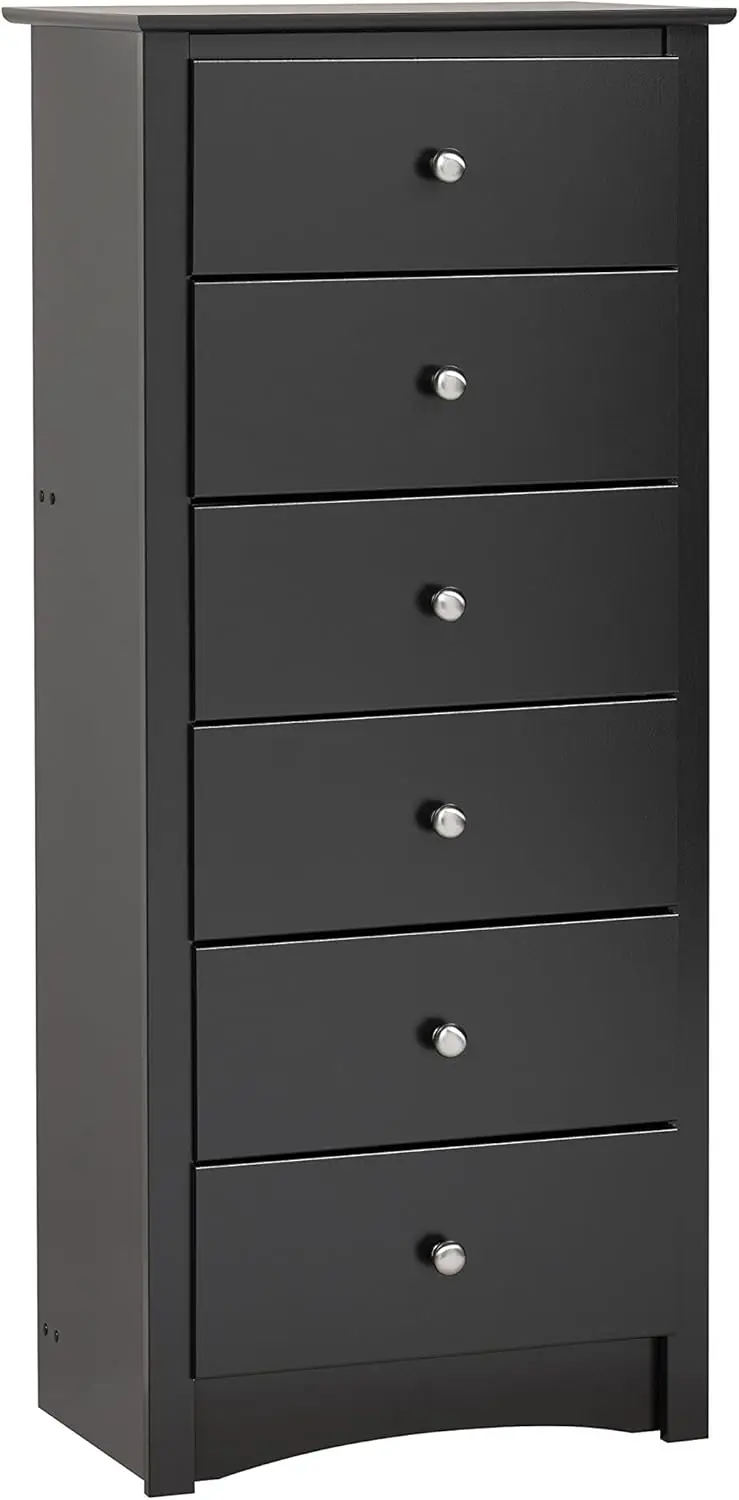 

6 Drawer Tall Chest For Bedroom, 17.65" D x 23.25" W x 53" H, Black