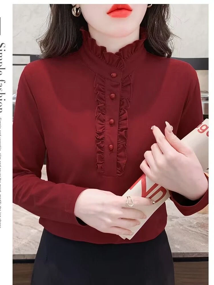 เสื้อผู้หญิงแบบมีซับใน คอตั้ง ทรงพอดีตัว ใส่เป็นเสื้อตัวในได้ เหมาะสำหรับฤดูใบไม้ร่วงและฤดูหนาว ให้ความอบอุ่น สวมใส่สบาย สไตล์ลำลอง สีพื้น แขนยาว