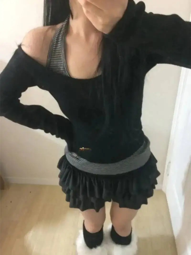 

BabYoung Slim Solid Slash Neck Patchwork Ropa Off Shoulder Short Long Sleeve T-Shirt Advanced Fungus All-Match Fresh Mujer