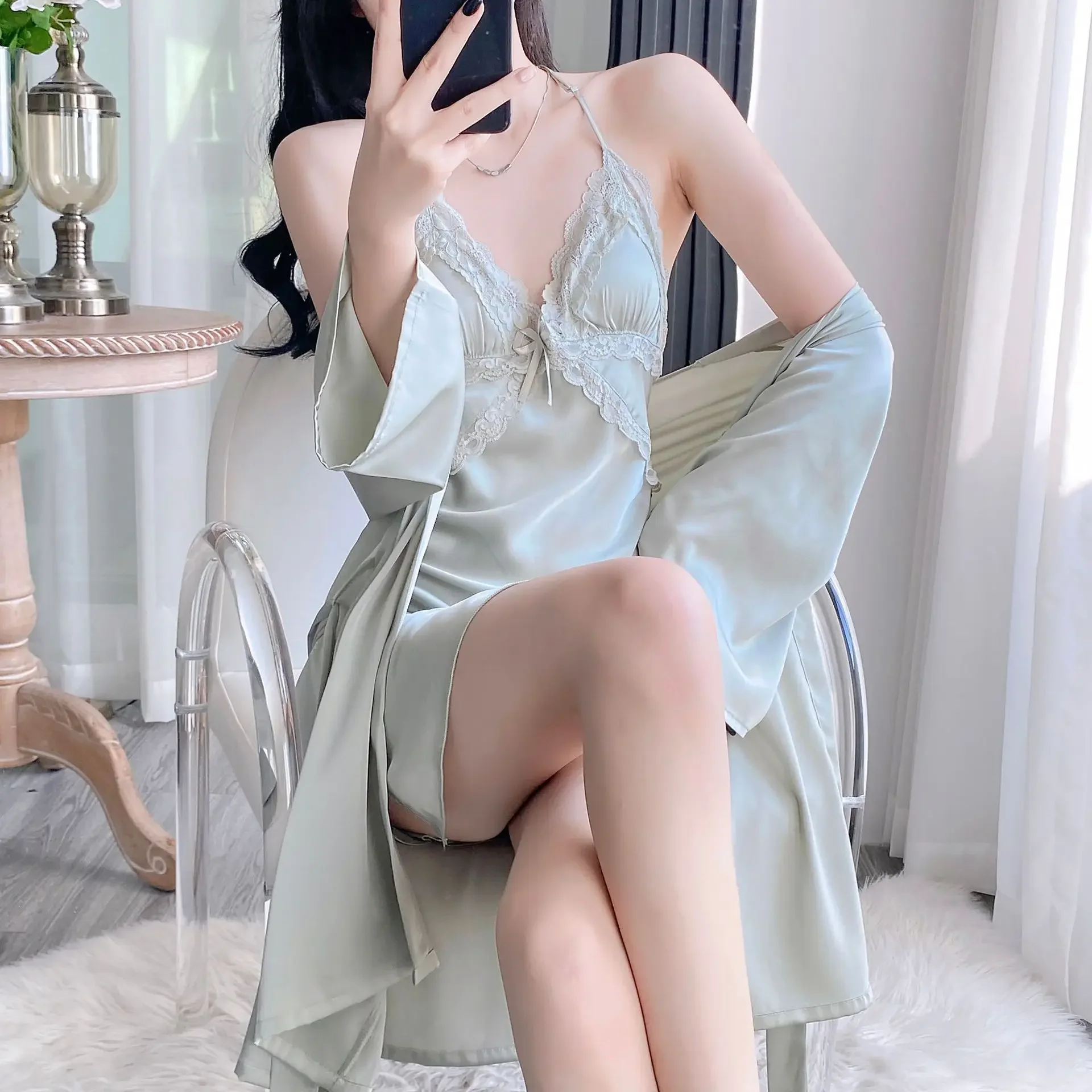 

Женский комплект-двойной халат, сексуальное кимоно с кружевной отделкой, халат, весна-лето, одежда для сна, ночная рубашка, свободное шелковое атласное домашнее платье