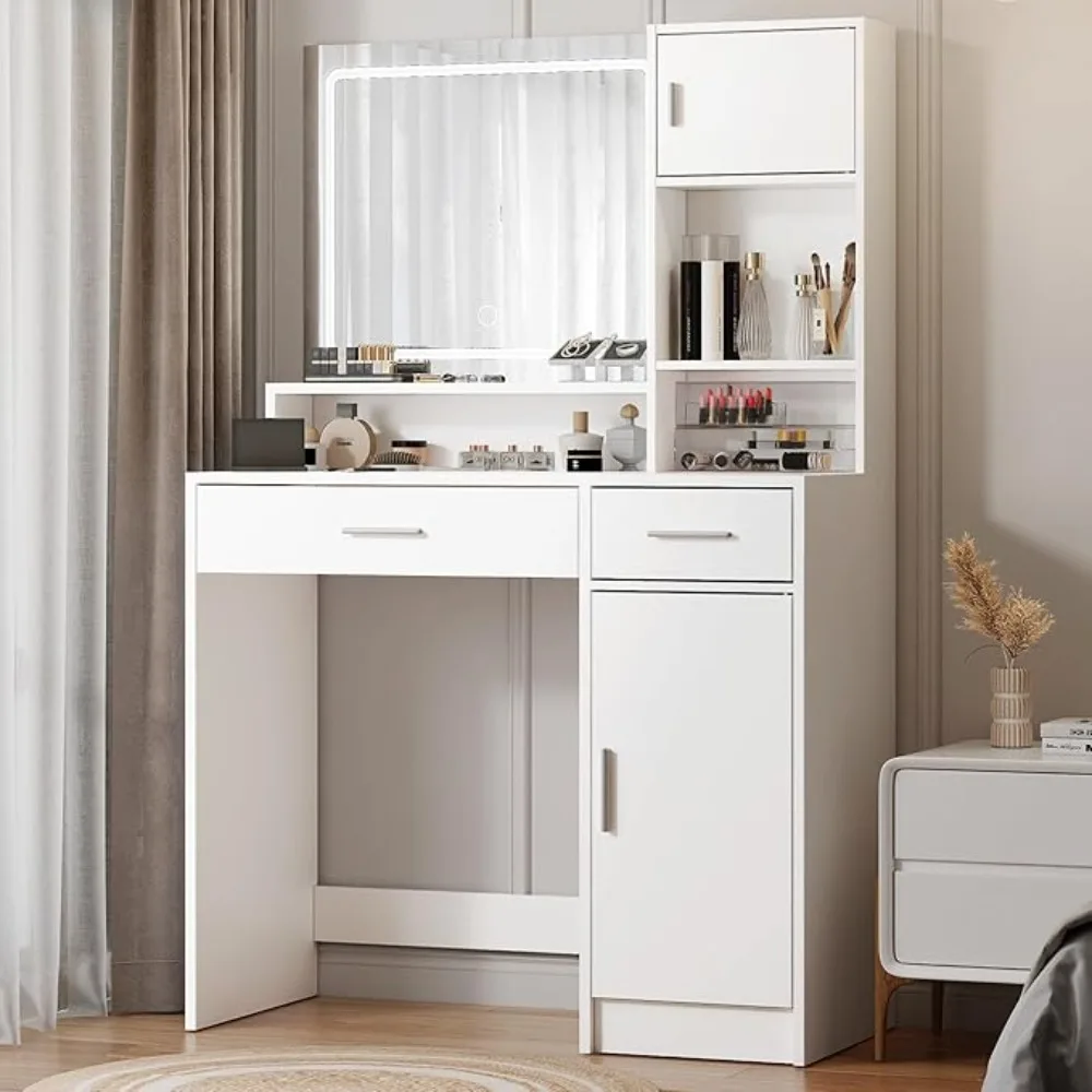 

Vanity Desk with Mirror and LED Light Strip,3 Level Storage Dresser & 3Lighting Modes Adjustable Brightness Suitable for Bedroom