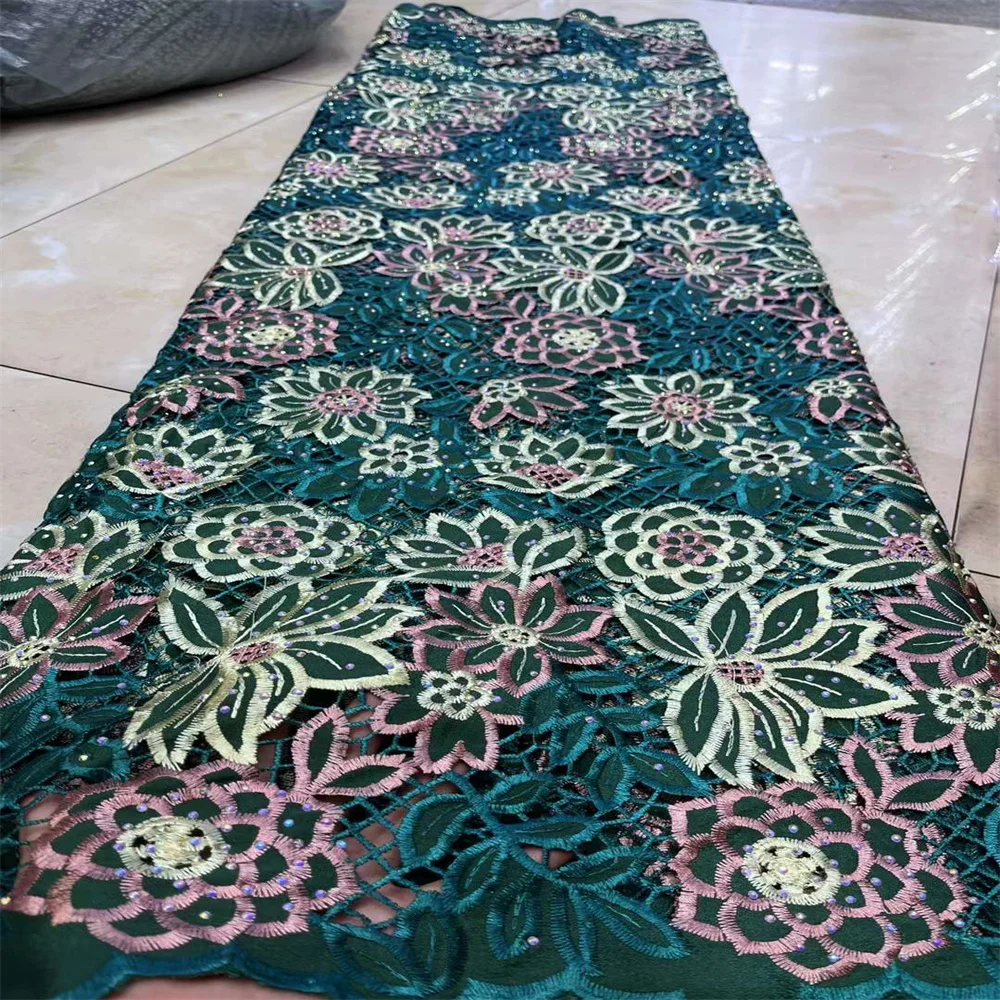 

2024 5 Yard Newest Hot Selling French Guipure Lace Fabric With Stones African Cord Lace Net Embroidered Fabric For Wedding Party