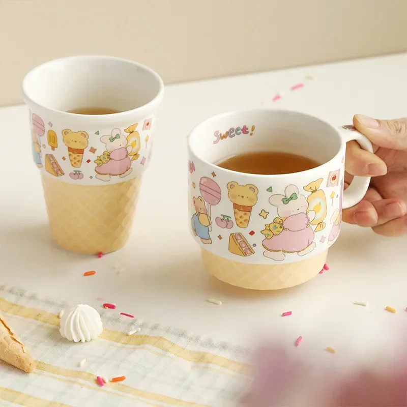 

New Ceramic Ice Cream Mug Creative Water Cup Cartoon Breakfast Cup with High Face Value Design Ice Cream Hand Cup Coffee Mug