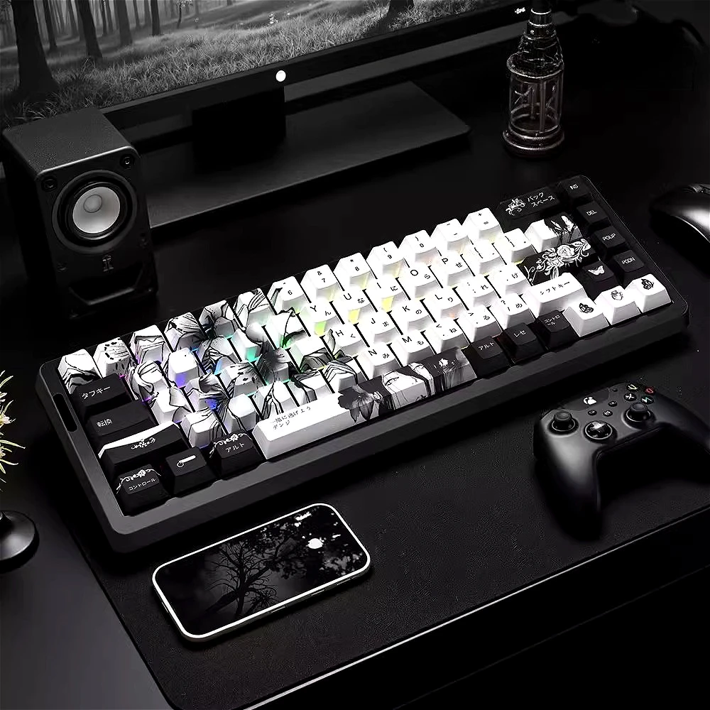 Riese Black Keycaps PBT Heat Sublimation Technology Cherry Height Keycap Set for MX Switch Mechanical Keyboards