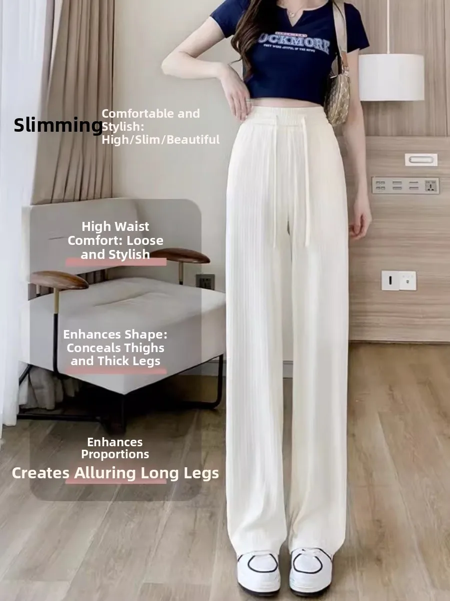 Pantalon taille haute en soie glacée pour femmes, jambes larges, coupe droite fine, Protection solaire, Cool, longueur au sol, été