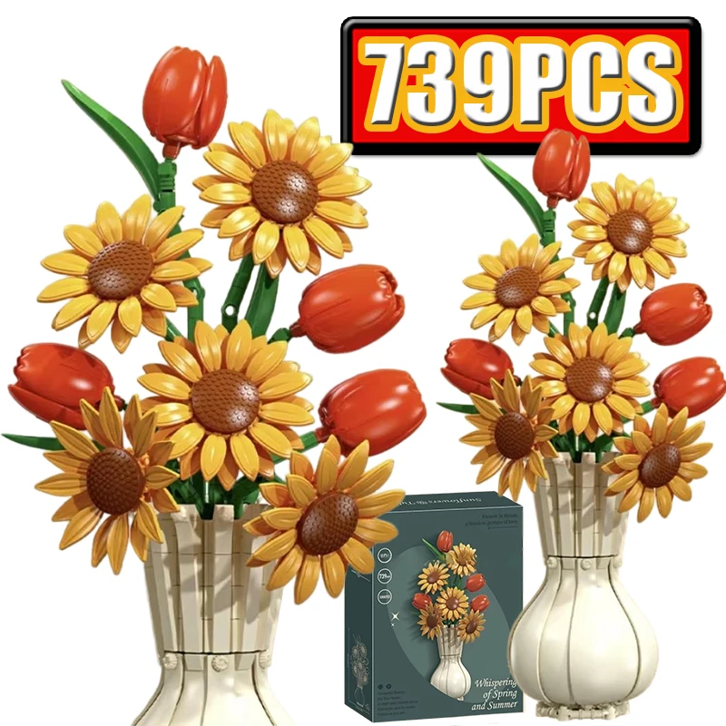MOC Sunflower Eternal Spring And Summer Whispers Flower Building Blocks Set Tulip Potted Plant Toys For Children Birthday Gifts