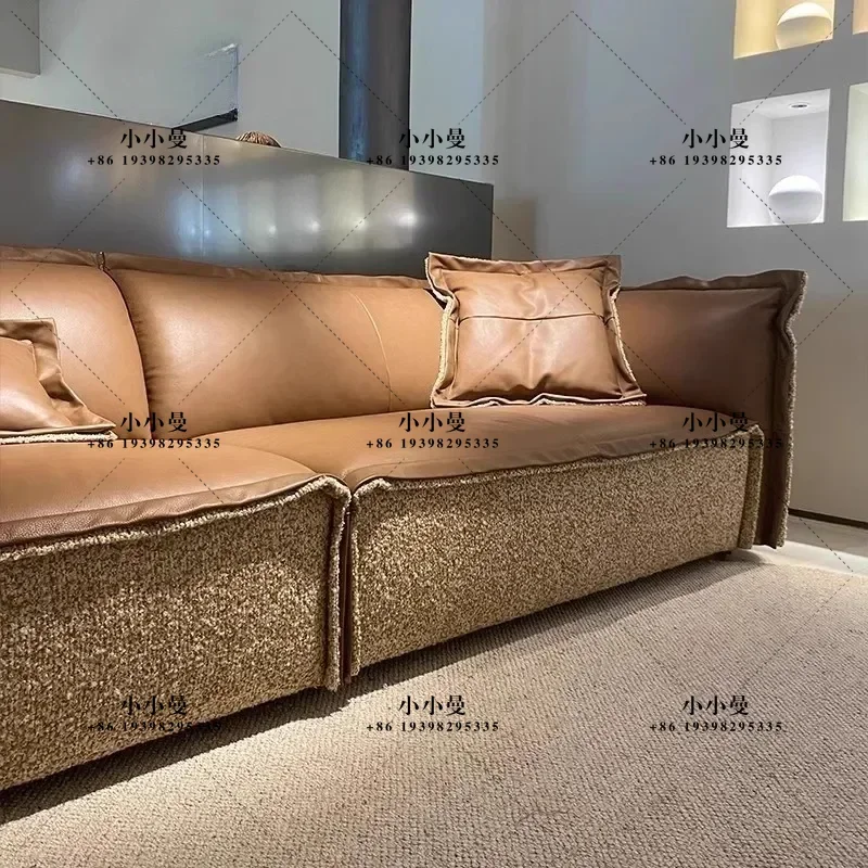 2025 New First Layer Cowhide Straight Row Leather Sofa Minimalist Retro Style Living Room Combination Cotton Linen Leather