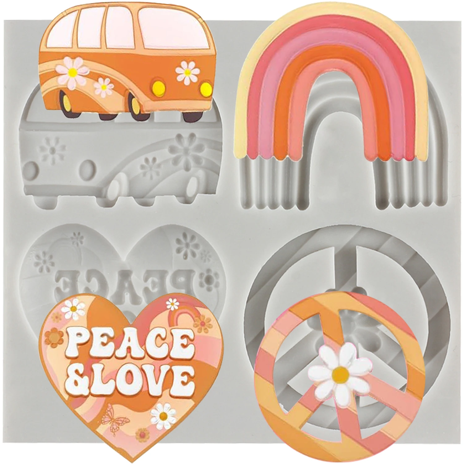 Groovy Silicone Molds Daisy Rainbow Peace Sign Fondant Cake Decorating Tools Cupcake Topper Candy Craft Gum Paste Polymer Clay