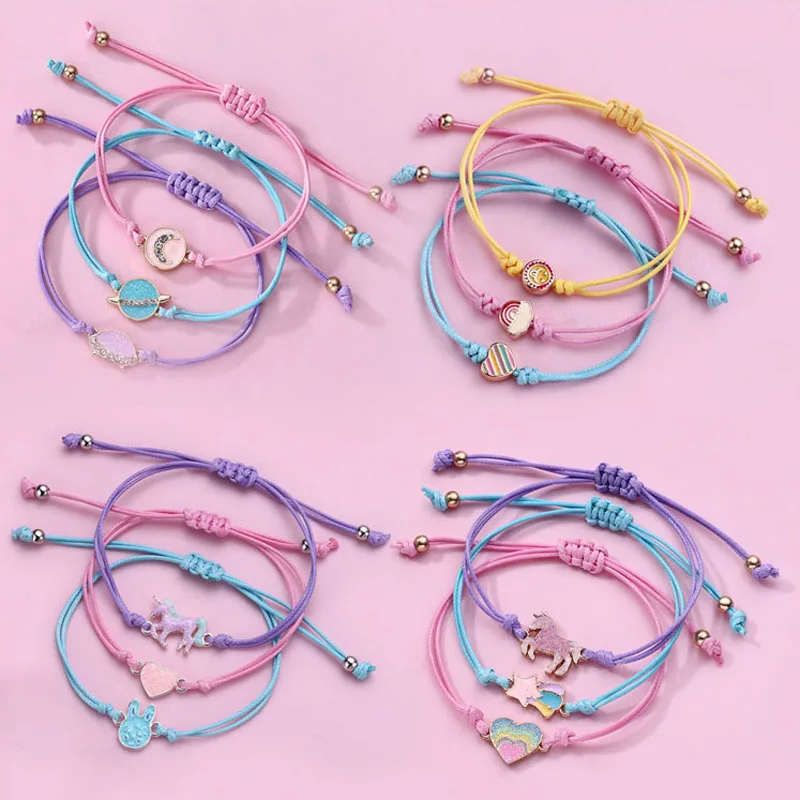 Luoluo&baby 3Pcs/set Bracelets Braided Cord Bracelet Unicorn Heart Star Charms for Jewelry Making Bracelet Kid\'s Gifts