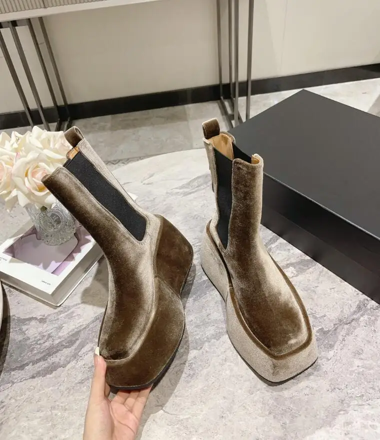 Soft Cake Thick Bottom Water Platform Velvet Slip on Short Boots Female Gold Blue Gorgeous Luxury Height Increasing Party Shoe