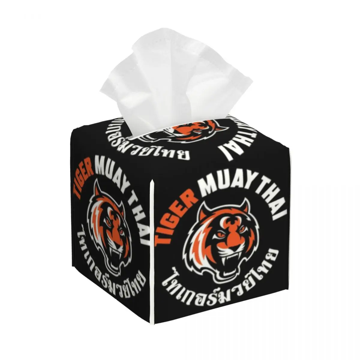 Custom Tiger Muay Thai Tissue Box Holder Square Thailand Boxing Fighter PU Leather Facial Tissue Box Cover for Car Office