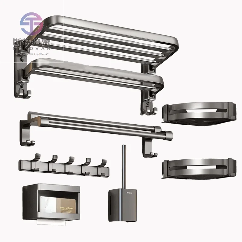 

Bathroom 6 Pieces Set Steel Towel Holder Perforation-free Bathroom Apartment Bathroom Project Shower Storage Shelf Accessories