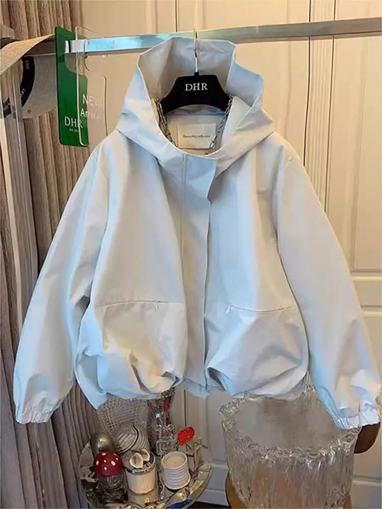 

2023 весенняя новая женская модная повседневная ветровка, короткая куртка на молнии с капюшоном, свободная повседневная куртка, топ