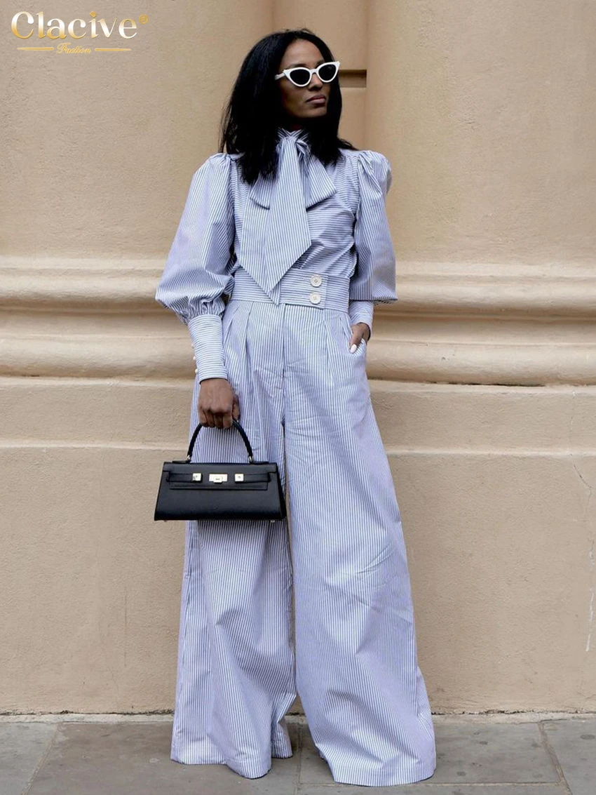

Clacive Fashion Blue Stripe Women Two Pieces Set 2025 Elegant Long Sleeve Shirt With High Waist Wide Pants Set Female Streetwear