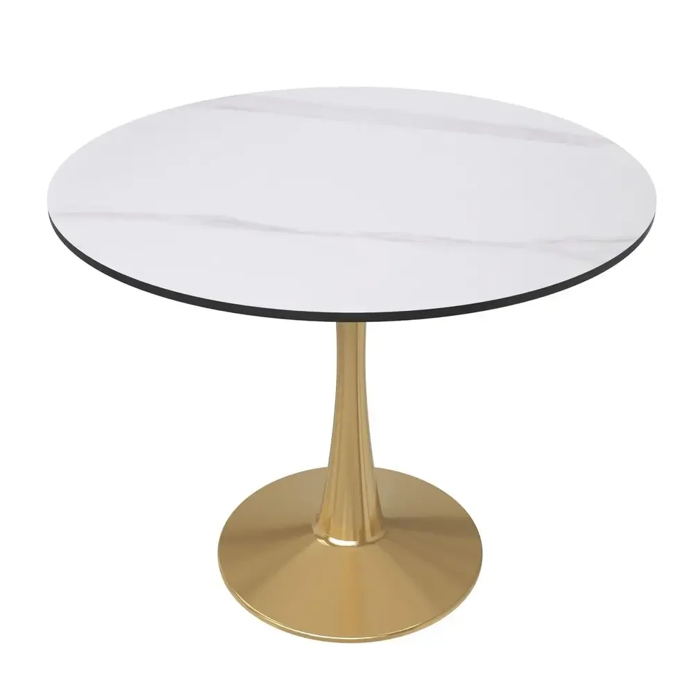 

Bristol 31 Round Dining Table in White Modern Sintered Stone Tabletop with Gold Pedestal Base, MidCentury Accent Table for Kitc