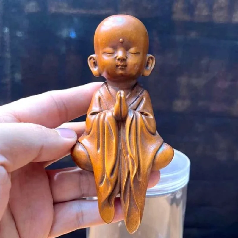 

4.7" Collection Handicraft Boxwood Wood Boy Buddha Wood Carving Ornaments