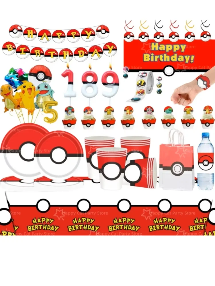 Pokeball Geburtstagsparty Dekoration Tischgeschirr Teller Becher Tischdecke Geschenktüte Ballons Baby Shower Pokeball Partyzubehör