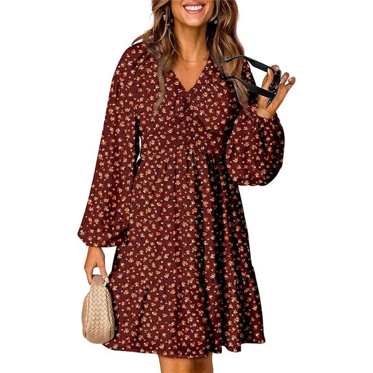 ABP-Vestiti autunnali da donna Boho floreale scollo a V manica lunga smock elastico in vita casual mini abito a trapezio prendisole