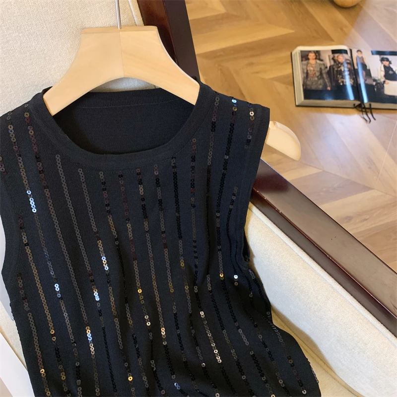 Summer Sequins Knit Sweater Vest Women Stylish Elegant Sexy Ladies Crop Tops Sleeveless Fashion Chic Knitwear Jumpers 2024