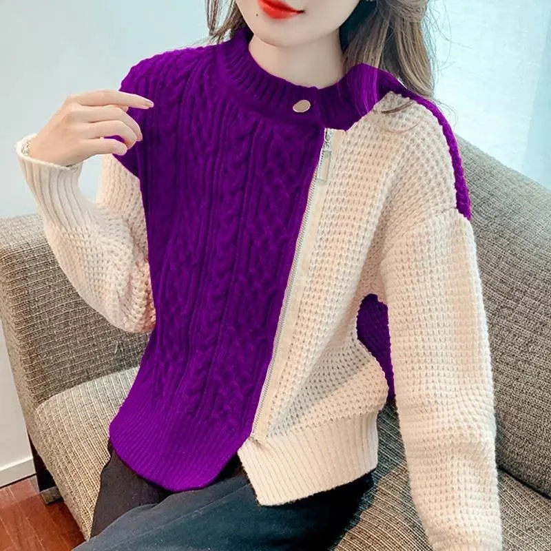 Autumn and Winter Women\'s Pullover Round Neck Patchwork Zipper Sweater Fashion Casual Commuter Long Sleeve Tops