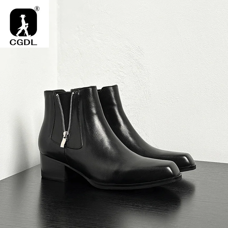 5 Cm High Heels Men\'s Ankle Boots Luxury Genuine Leather 2024 Winter Warm Black Wedding Party Social Boots Man Dress Shoes