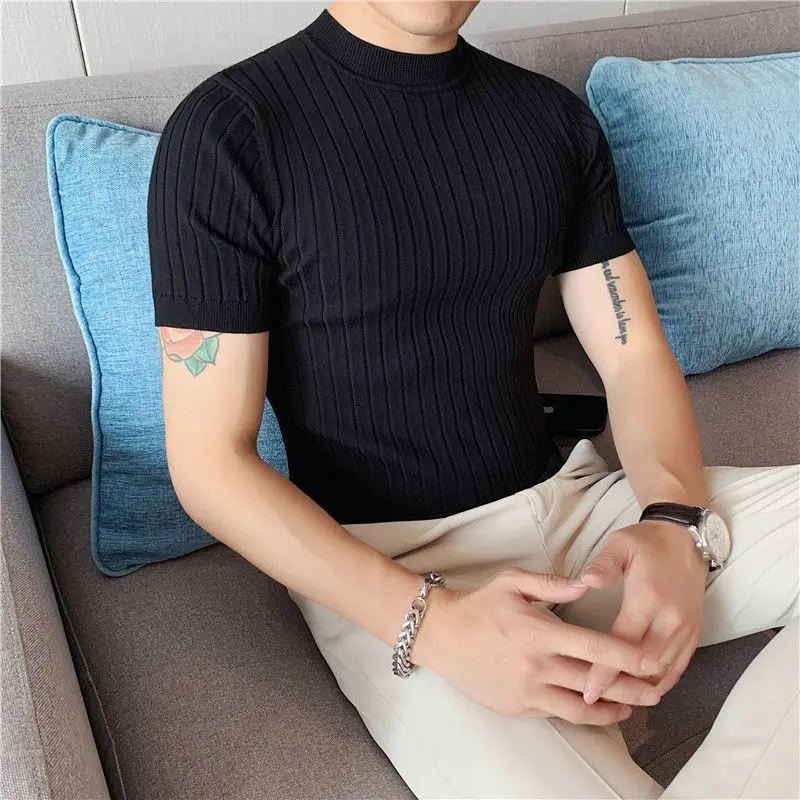 Thicken Men Clothing Slim Bottoming Knitted T-Shirts Korean Summer Streetwear Fashion Short Sleeve Solid Versatile Casual Tops