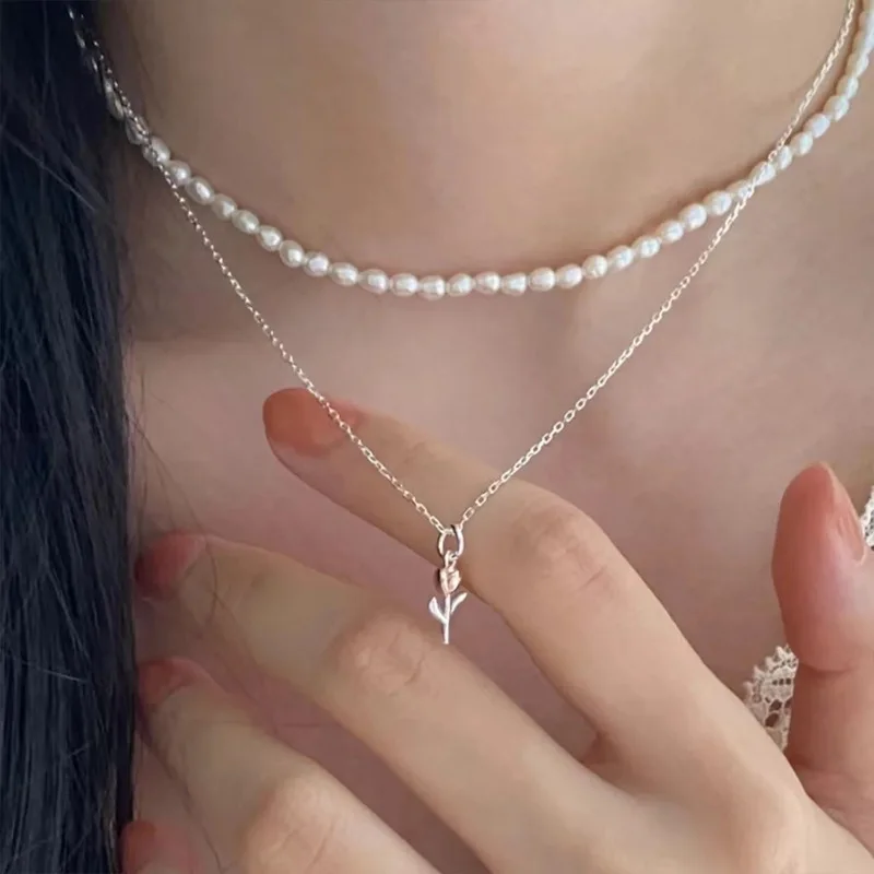 925 Sterling Silver 17.9 Inch Chain Necklace Tulip Pendant Light Luxury Trendy for Women Fashion Jewelry