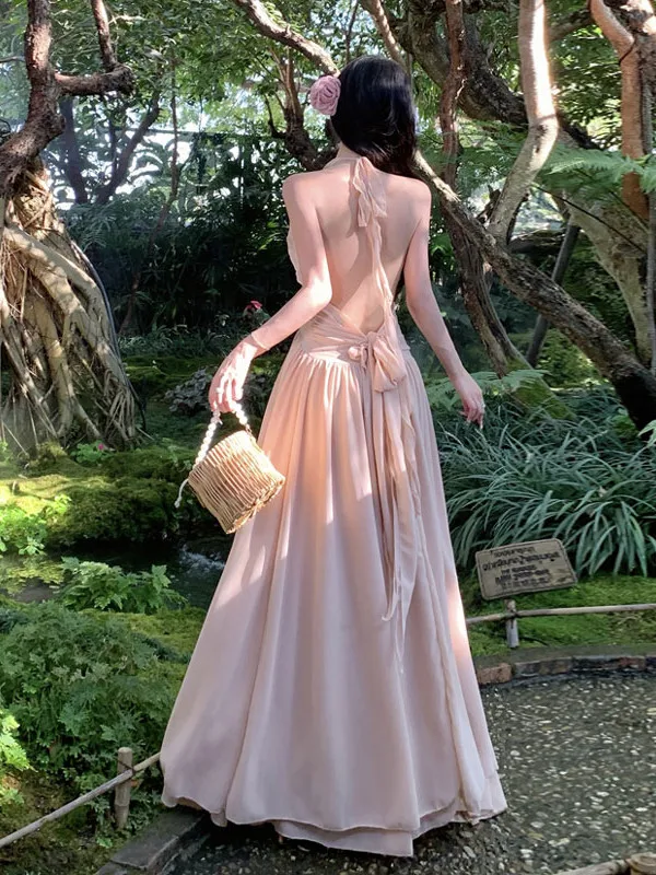 

Sexy Backless Split Waist Cinched Floor Length Dress Unique Beautiful Hanging Neck Dress Beach Vacation Style Cotton Blend