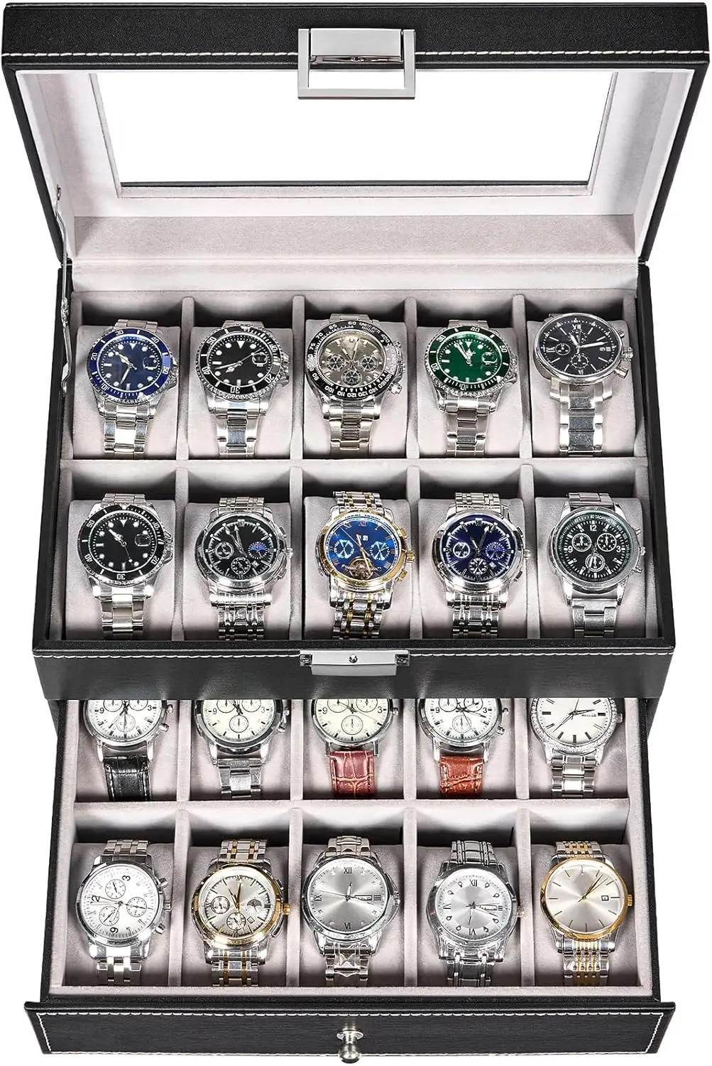 

20-Slot Watch Storage Box with Glass Lid, Removable Pillows, Black Organizer for Men's Watches