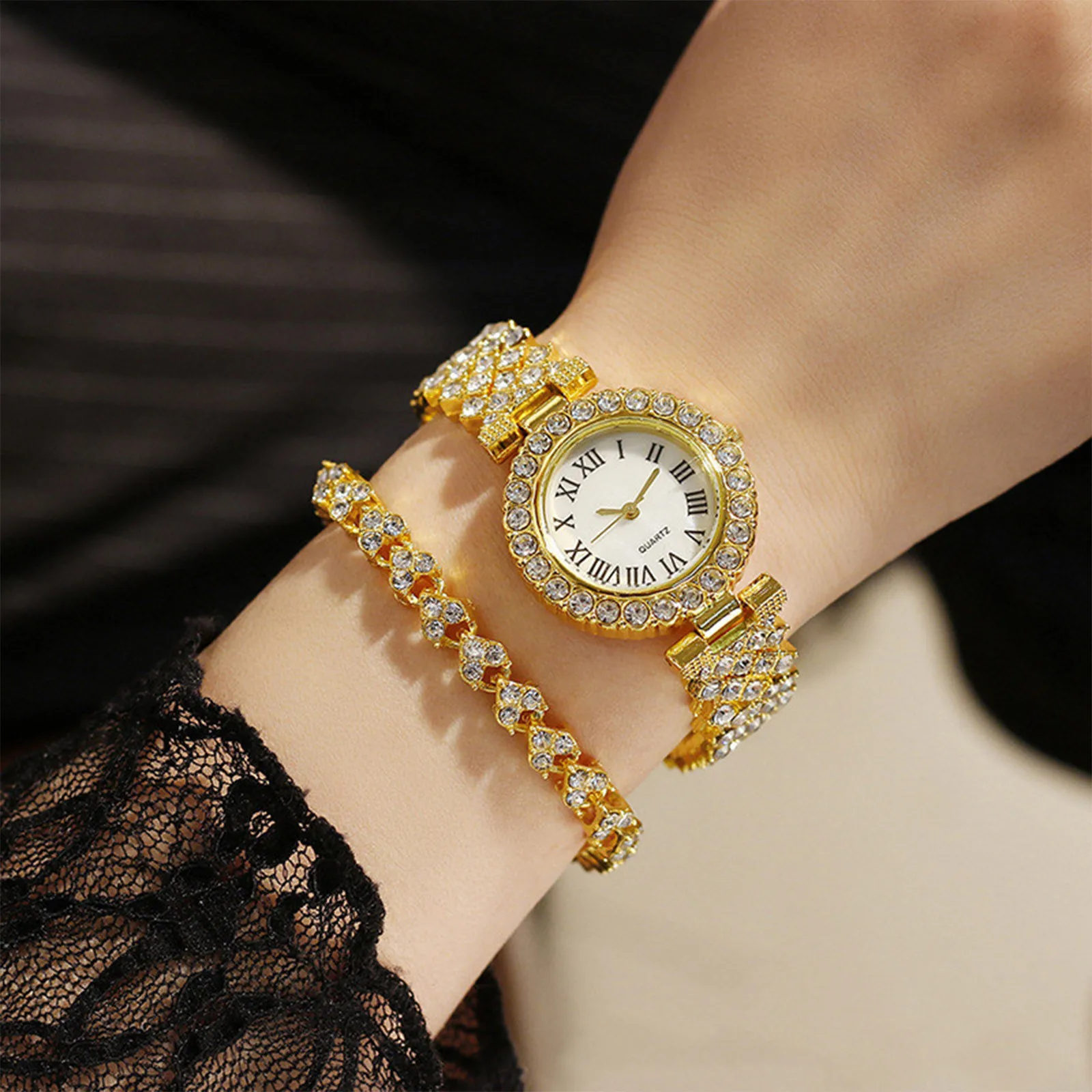 Fashion Women Elagant Watch Casual Simple Steel Strap Quartz Diamond Inlaid Watch Bracelet 2pcs Set Temperament Wearing Style