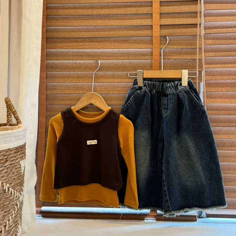 2025Autumn New Korean Style Loose Fit Versatile Long Sleeve Top and Base Shirt Two-Piece Set for Young Girls