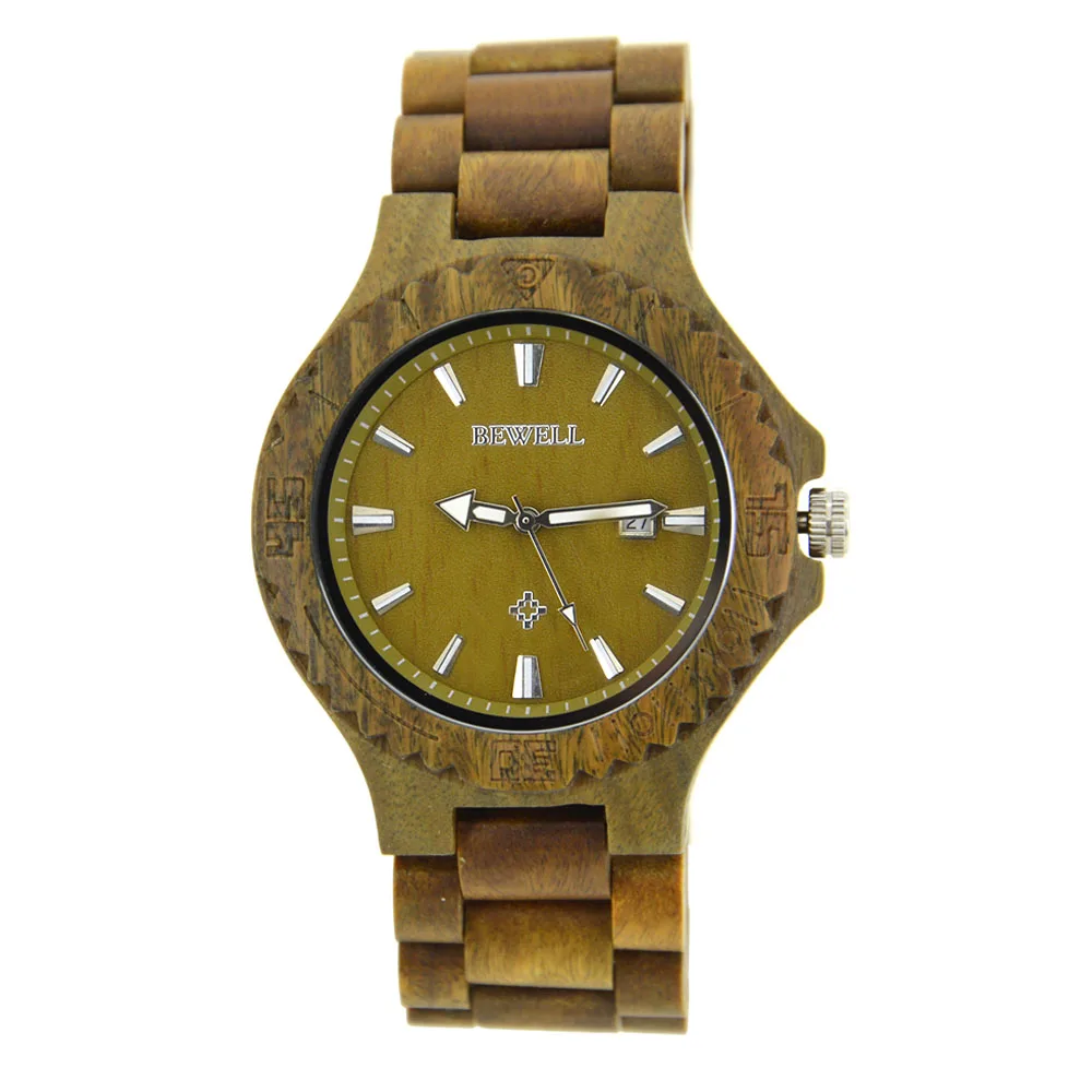 Mellow Round Solid Wood Men Quartz Wristwatch Luminous Date Sturdy Fold Buckle Slim Light Male Wooden Watch