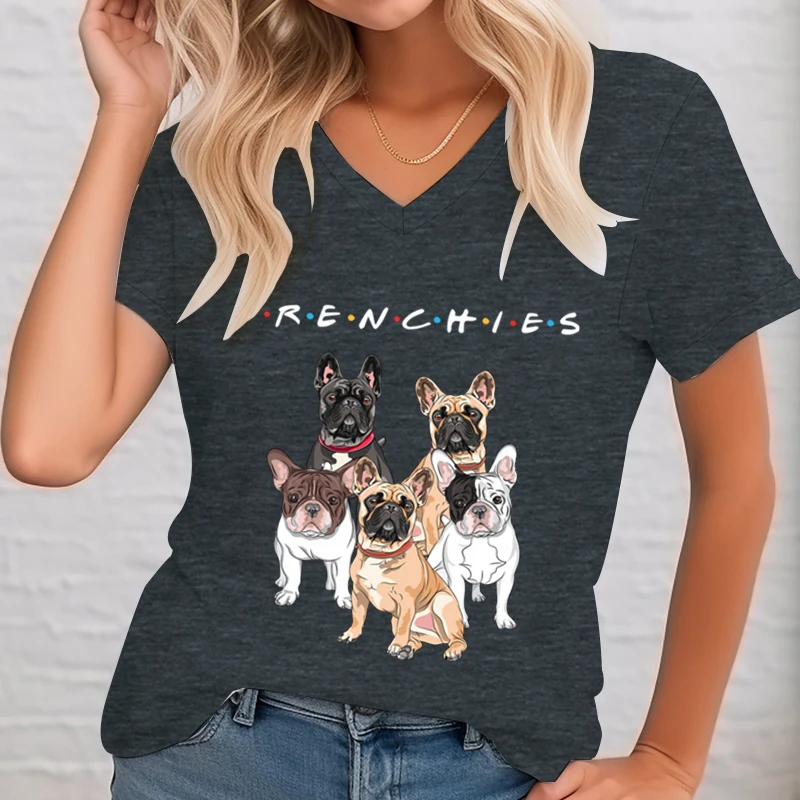 Women\'s Clothing Frenchies Friends Graphic T Shirts Women Fashion Funny French Bulldog Lover Gifts V-neck Summer Short Clothes