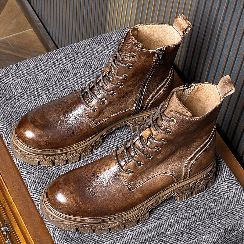 New Men Boots Genuine Leather Formal Work High Top Lace Up Shoes Male Fashion Thick Sole Height Increasing Motorcycle Boots