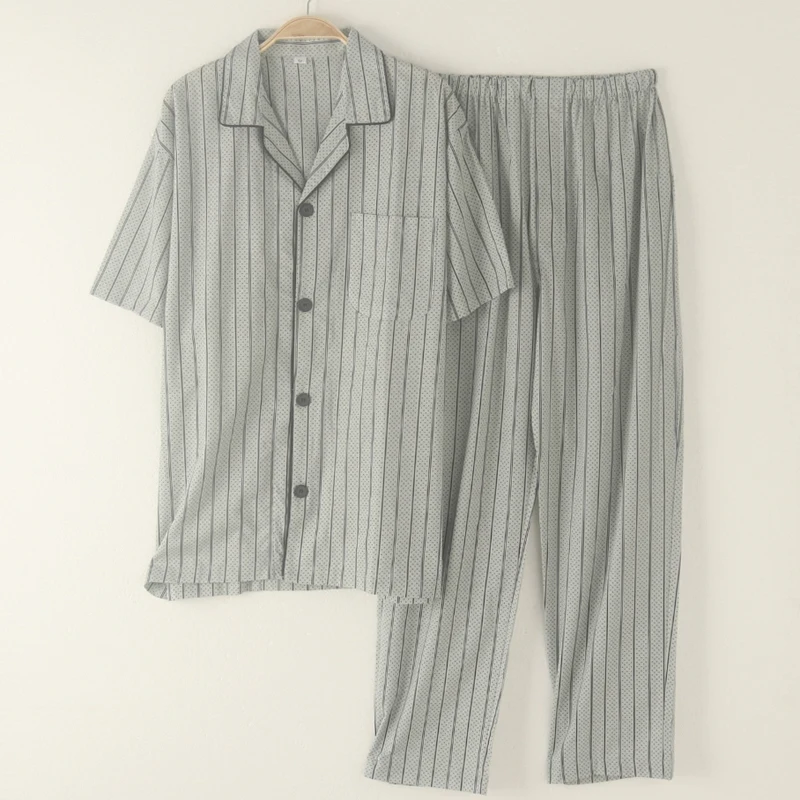 

Foreign trade pajamas for men Woven cotton thin short sleeve trousers cardigan pajamas set ventilate stripe pyjamas