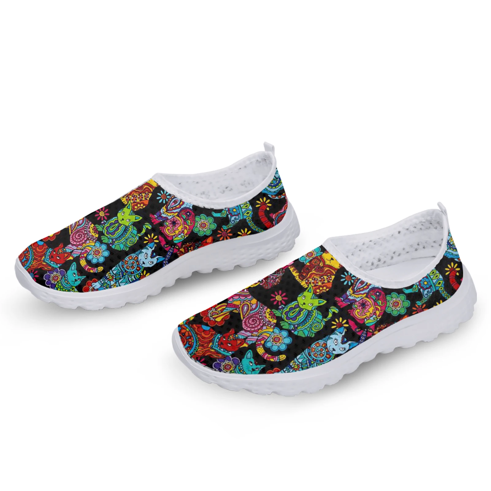 INSTANTARTS Colorful Cartoon Cats Printed Spring Summer Mesh Sneakers Women Casual Flats Super Light Walking Female Flat Shoes