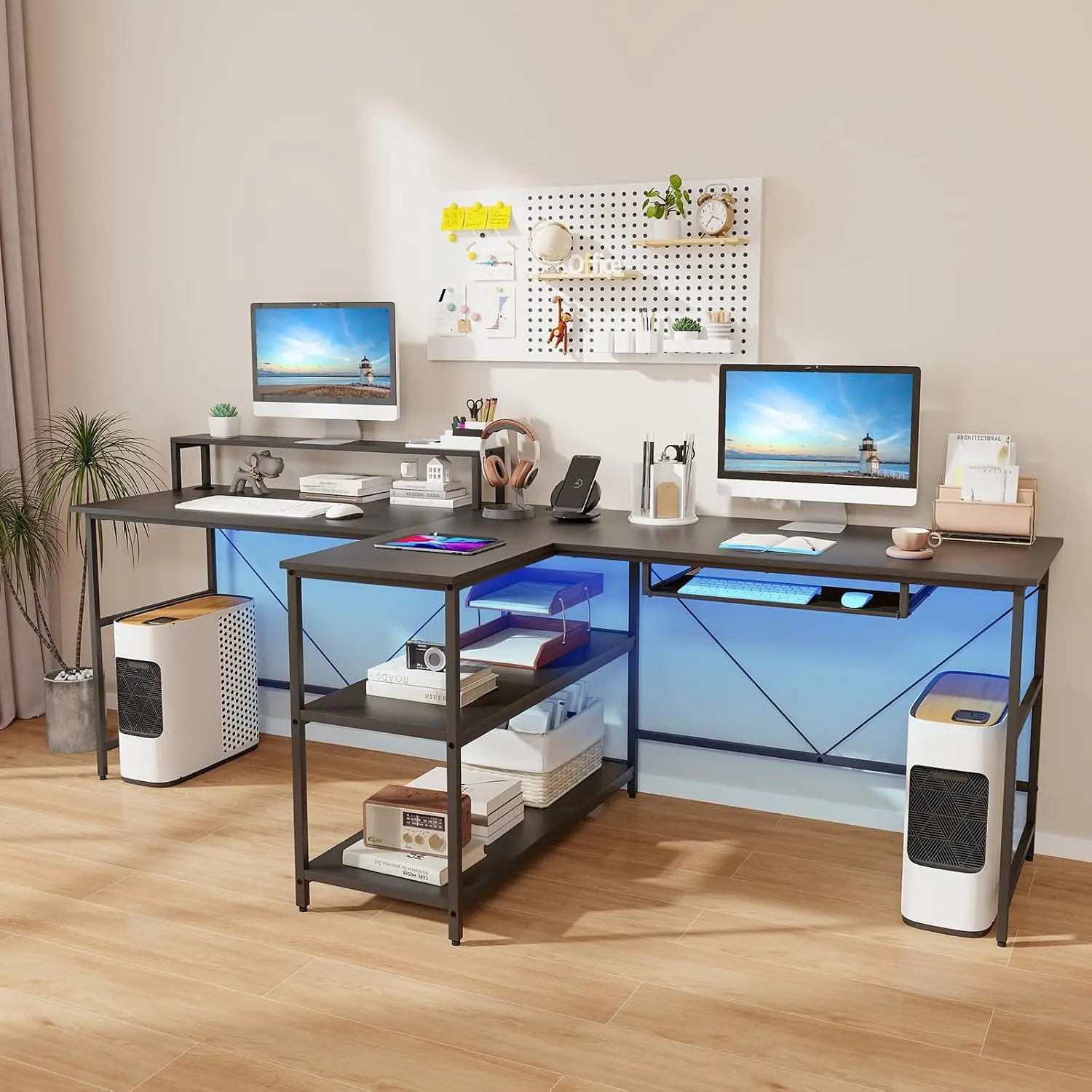 2 Person Desk LED Lights Storage Shelves Power Outlets Keyboard Tray Monitor Stand Workstation Home Office 94.5
