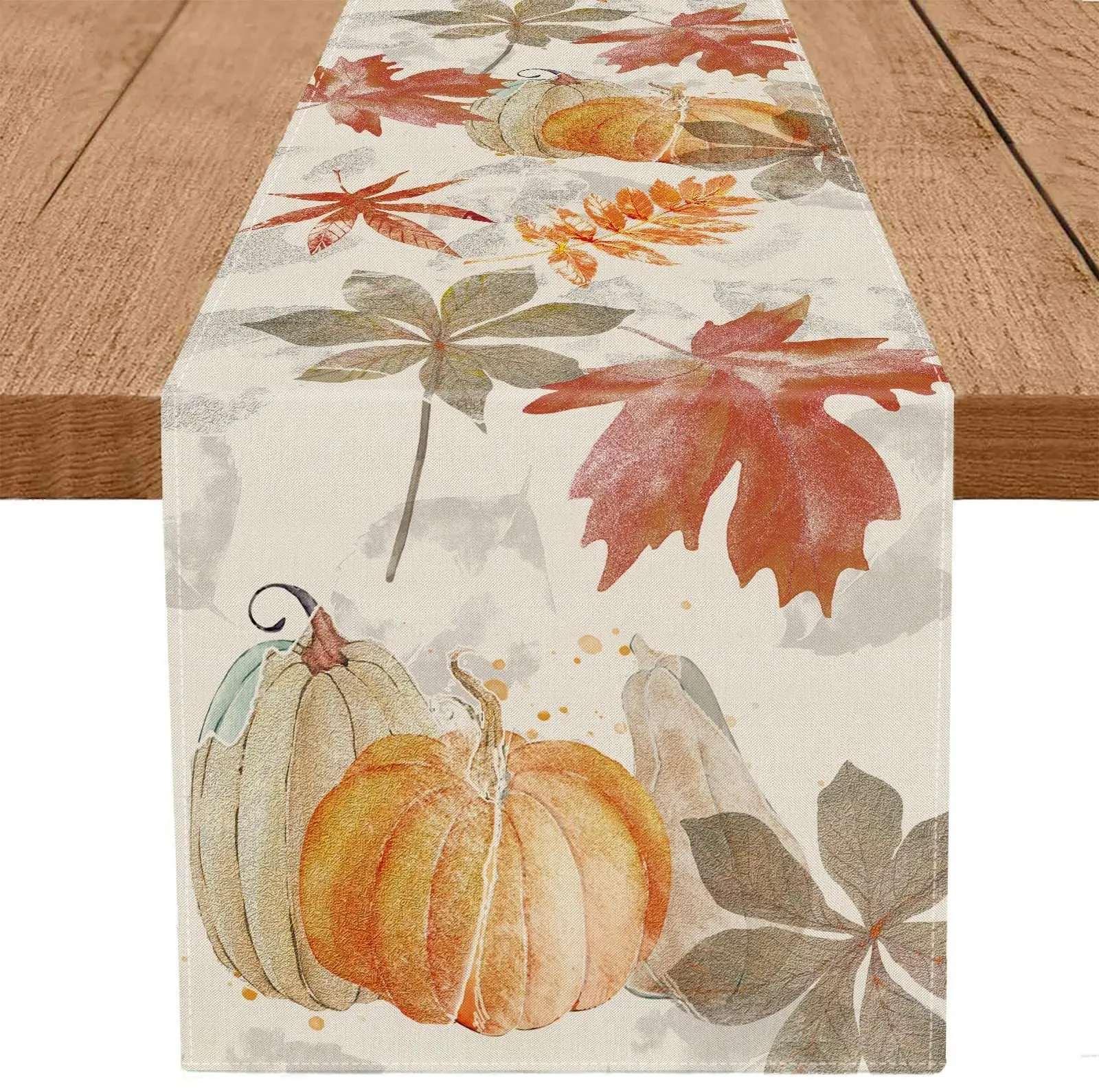 Fall Pumpkin Table Runner Watercolor Autumn Maple Leaf Orange Cream Harvest Thanksgiving Dining Kitchen Home Decor Gifts