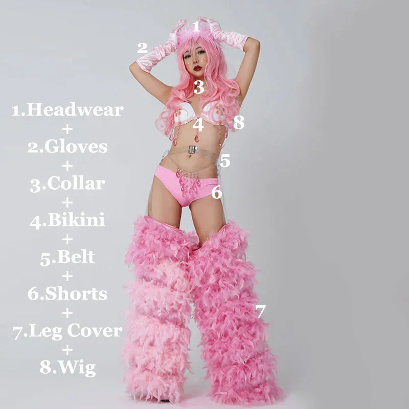 

Sexy Pink Bikini Pole Dance Costume lovely Nightclub Dance Outfit Feather Leg Cover Rave Outfit Dancer Singer Performance Clothe