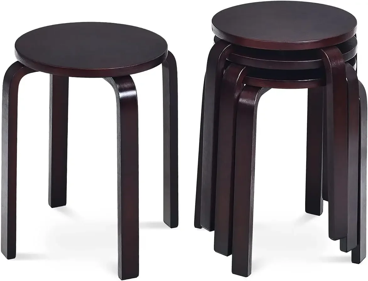 Set of 4 Bar Stools, Stackable Wood Dining Stools with Round Top, 18-inch Bentwood Backless Stools Set for Kitchen Home