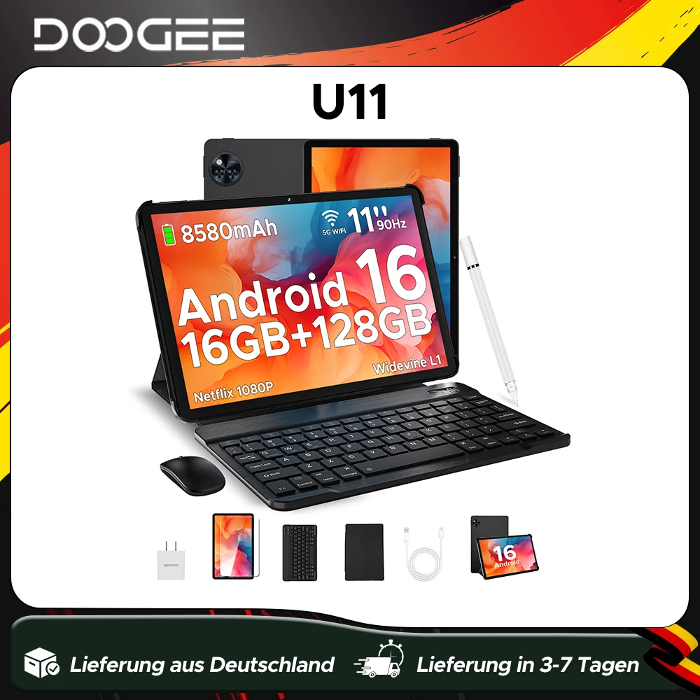 Tablet DOOGEE U11 con Android 15, Pantalla Ultra Nítida de 11 Pulgadas y 90Hz, 4GB de RAM, 128GB de ROM, Batería de 8580mAh, Altavoces Duales, Compatible con Widevine L1
