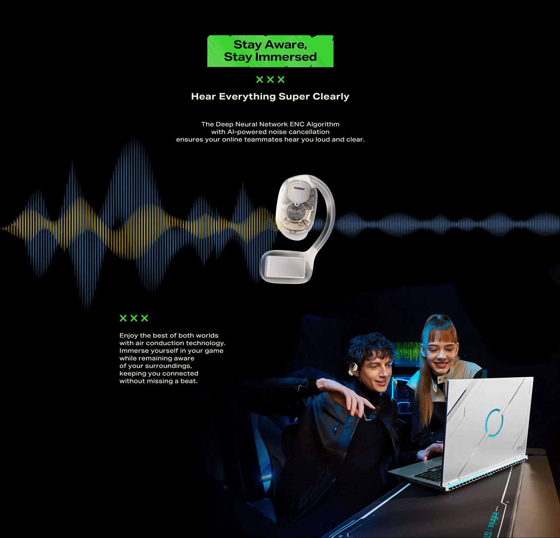 سماعات أذن Infinix ZLOOP 3 للألعاب المفتوحة لـ PUBG Bluetooth 5.3 45ms الكمون المنخفض 30H عمر البطارية AI ENC إلغاء الضوضاء